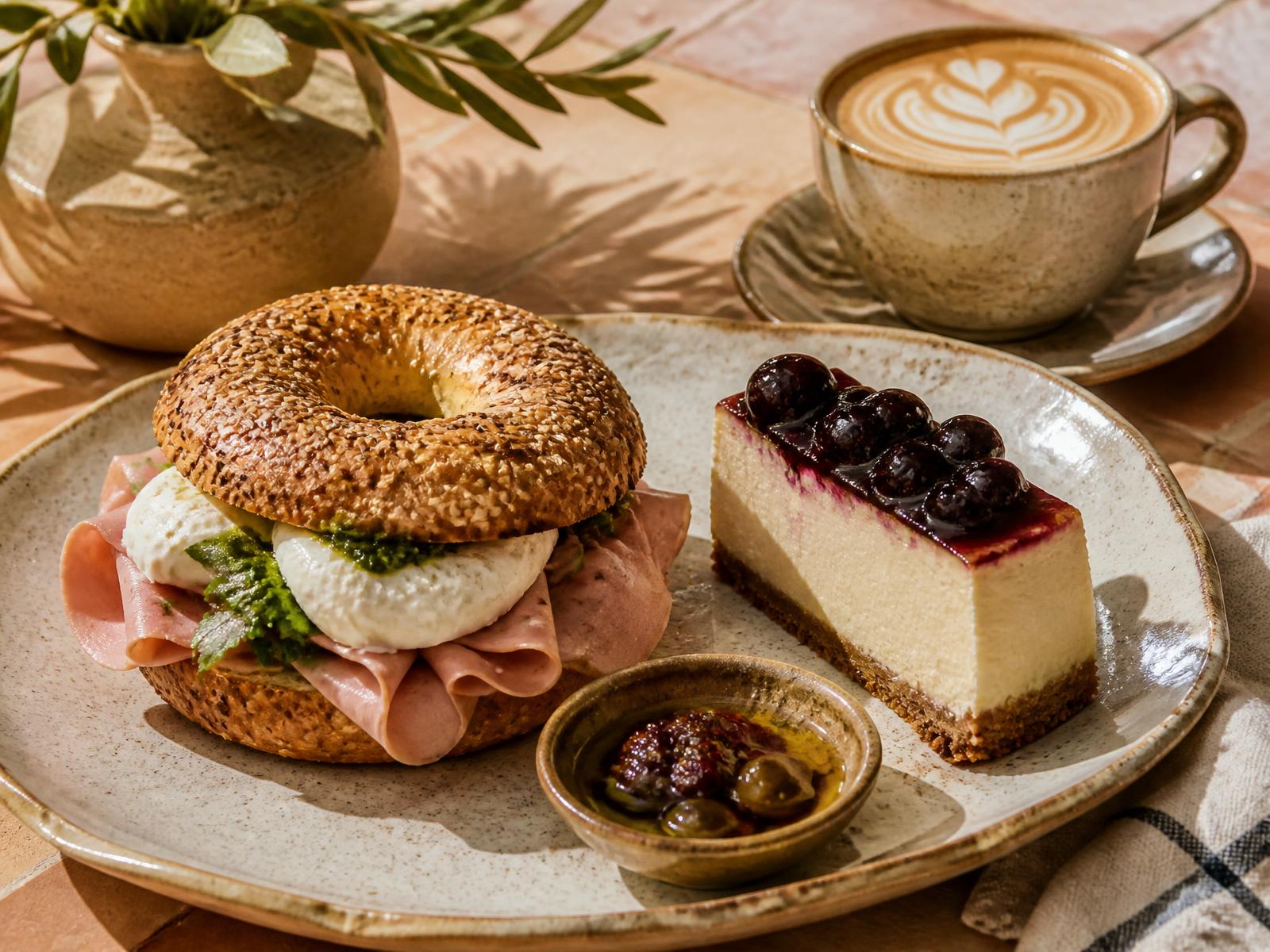 Brunch completo de Mediterránea Café: bagel de burrata, tarta de queso y café