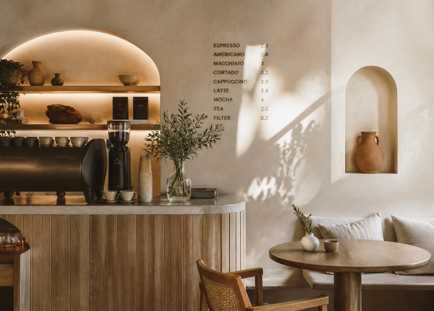 Interior de Mediterránea Café con arcos, madera de olivo y cerámica artesanal