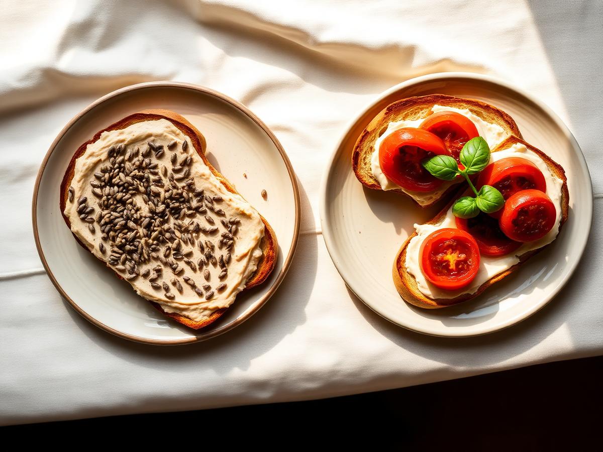 Tostada de hummus y tostada de tomates cherry confitados